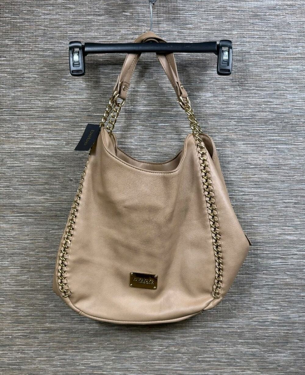 Bebe Colette Triple Entry Gold Metallic Chain Purse Shoulder Bag Tote Taupe NEW
